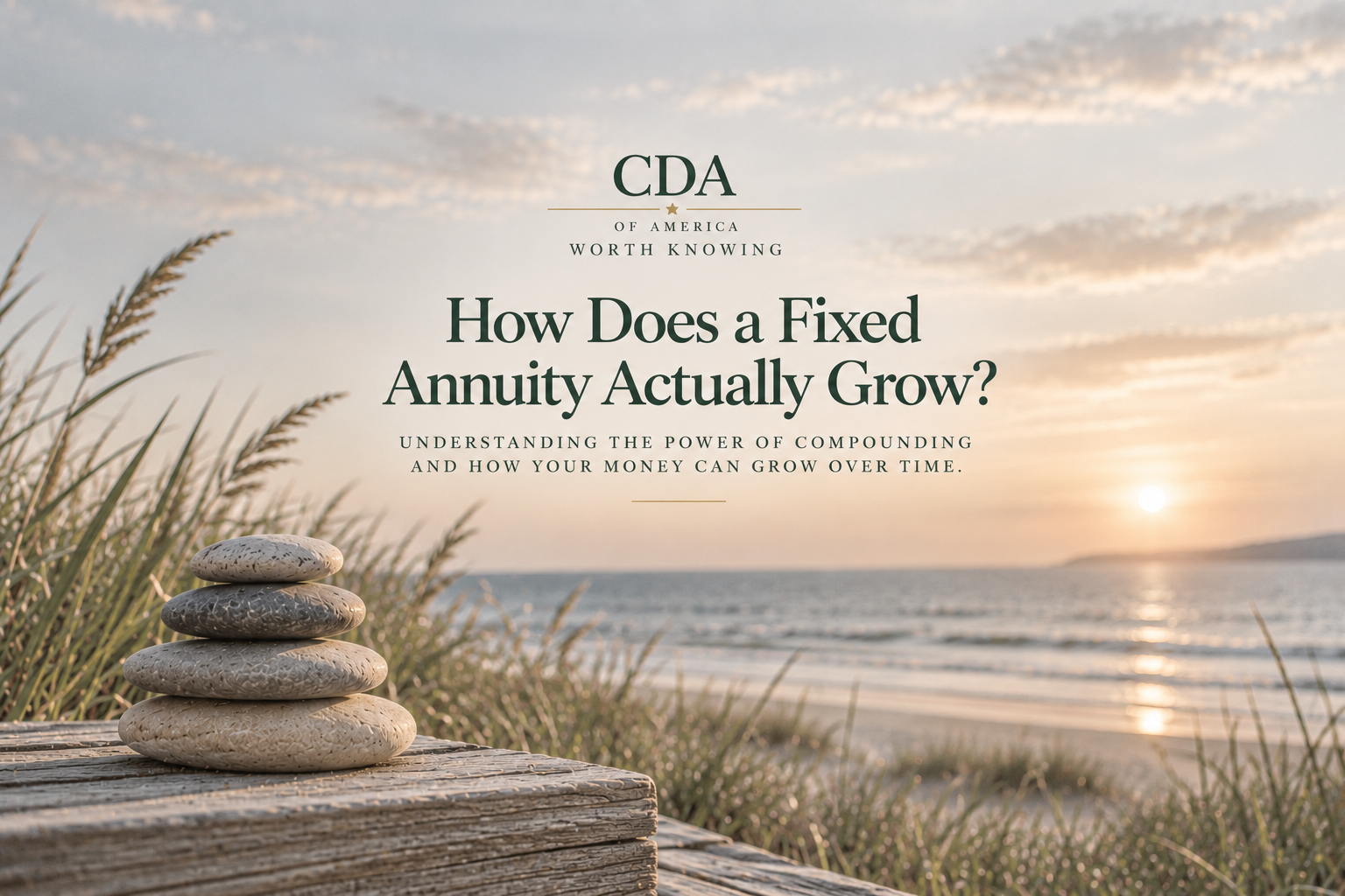 CDA Worth Knowing fixed annuity growth illustration with stacked stones overlooking a calm beach.